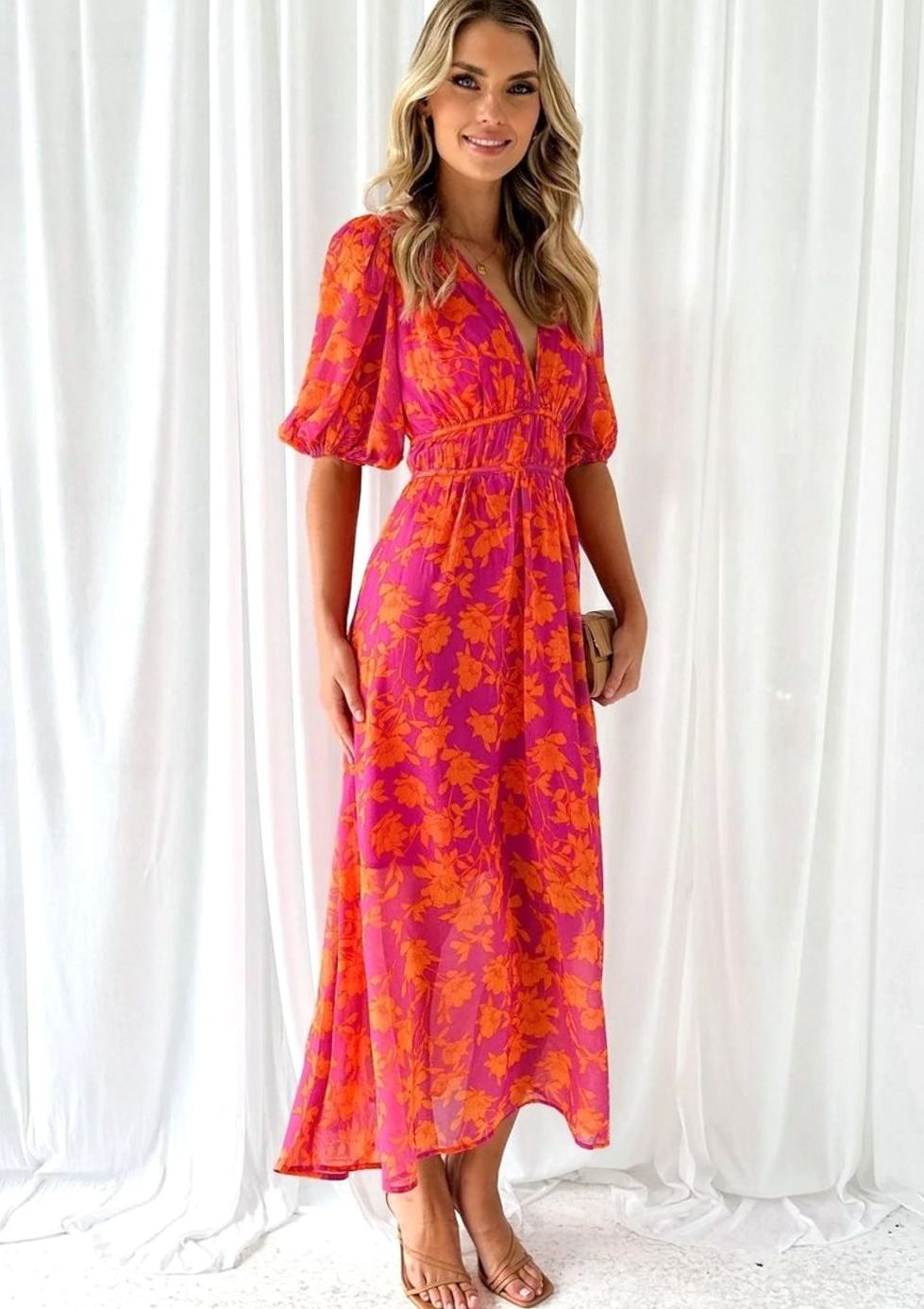 Women's Floral Puff Sleeve V-Neck Midi Day Dress