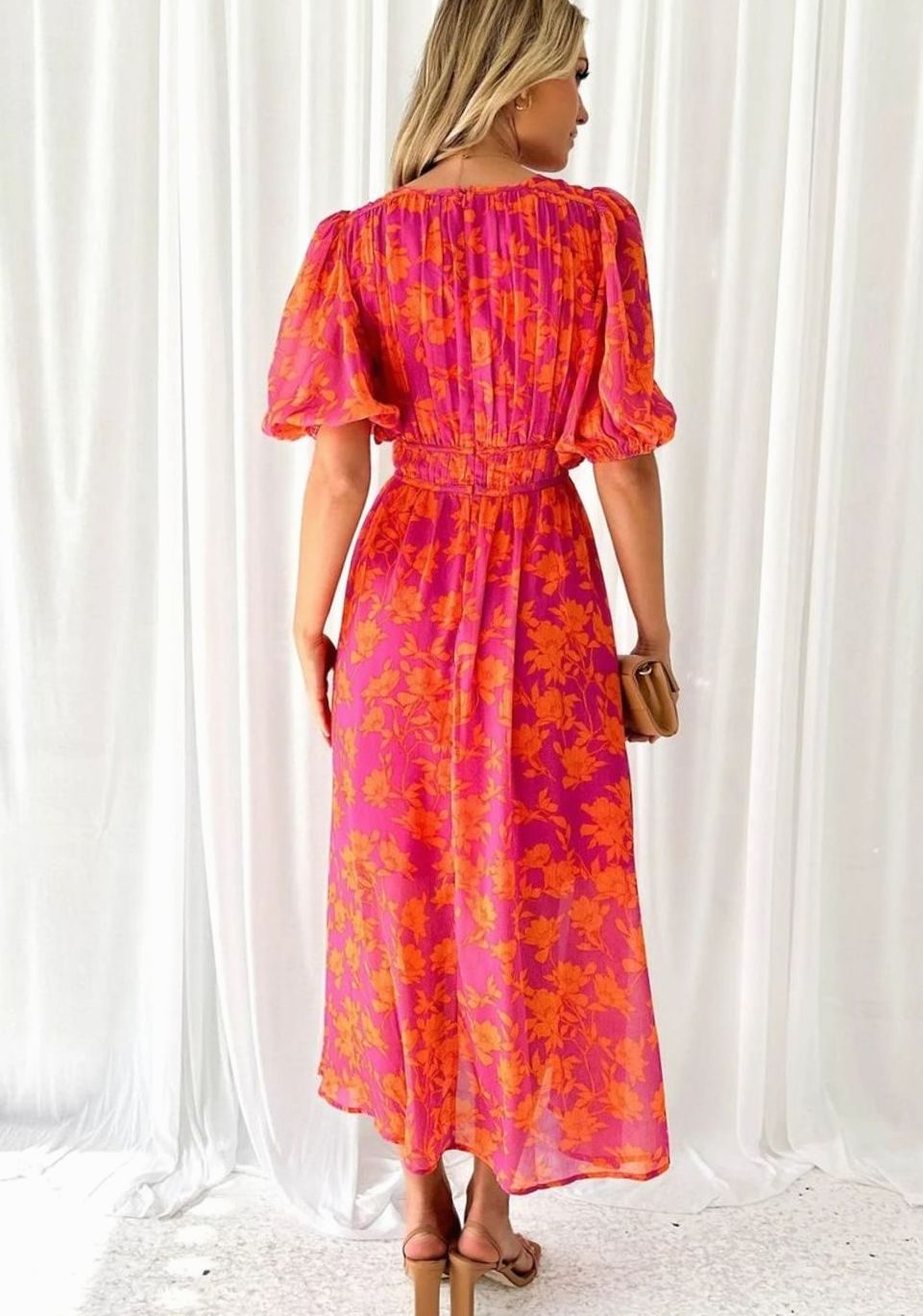 Women's Floral Puff Sleeve V-Neck Midi Day Dress