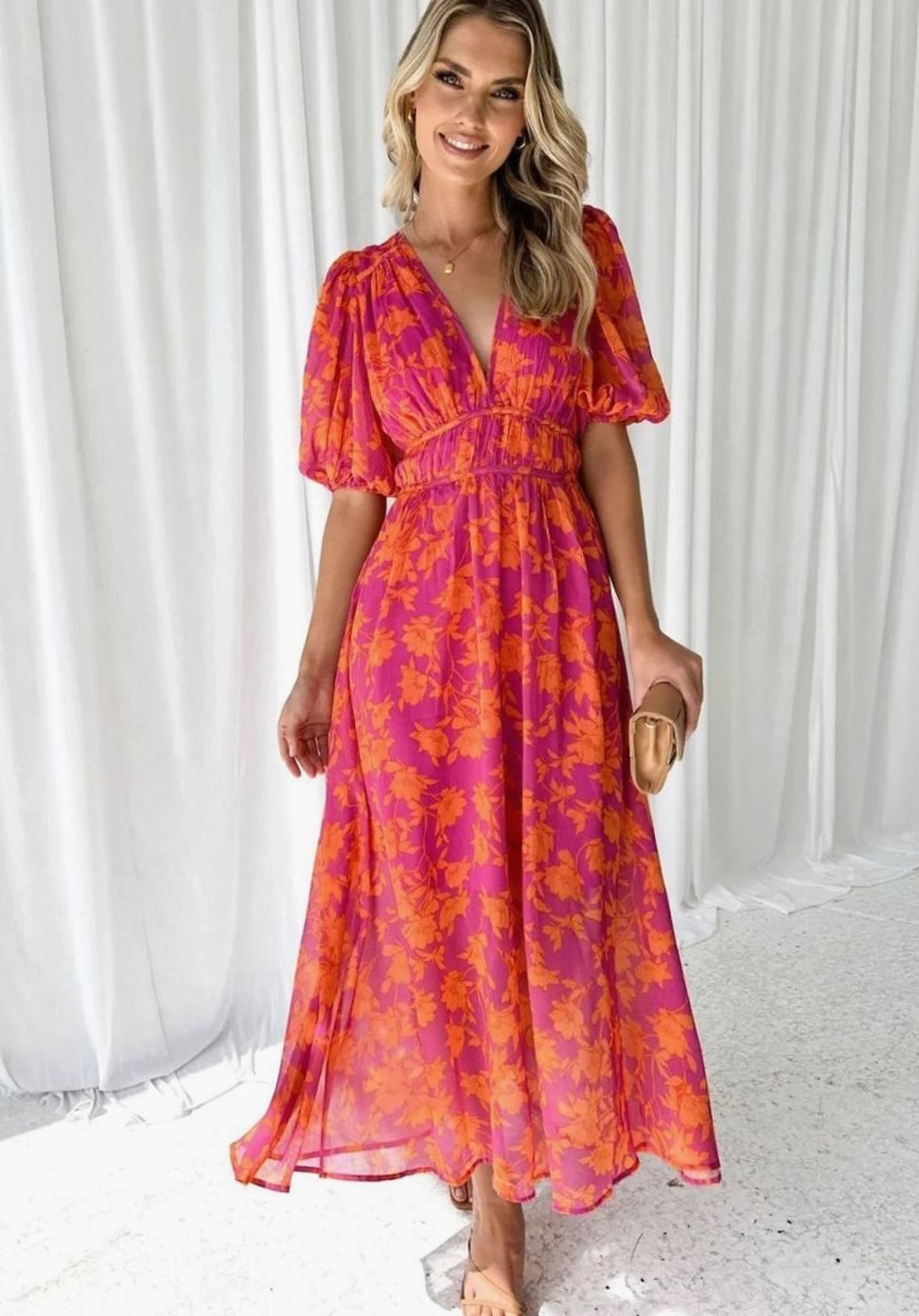 Women's Floral Puff Sleeve V-Neck Midi Day Dress
