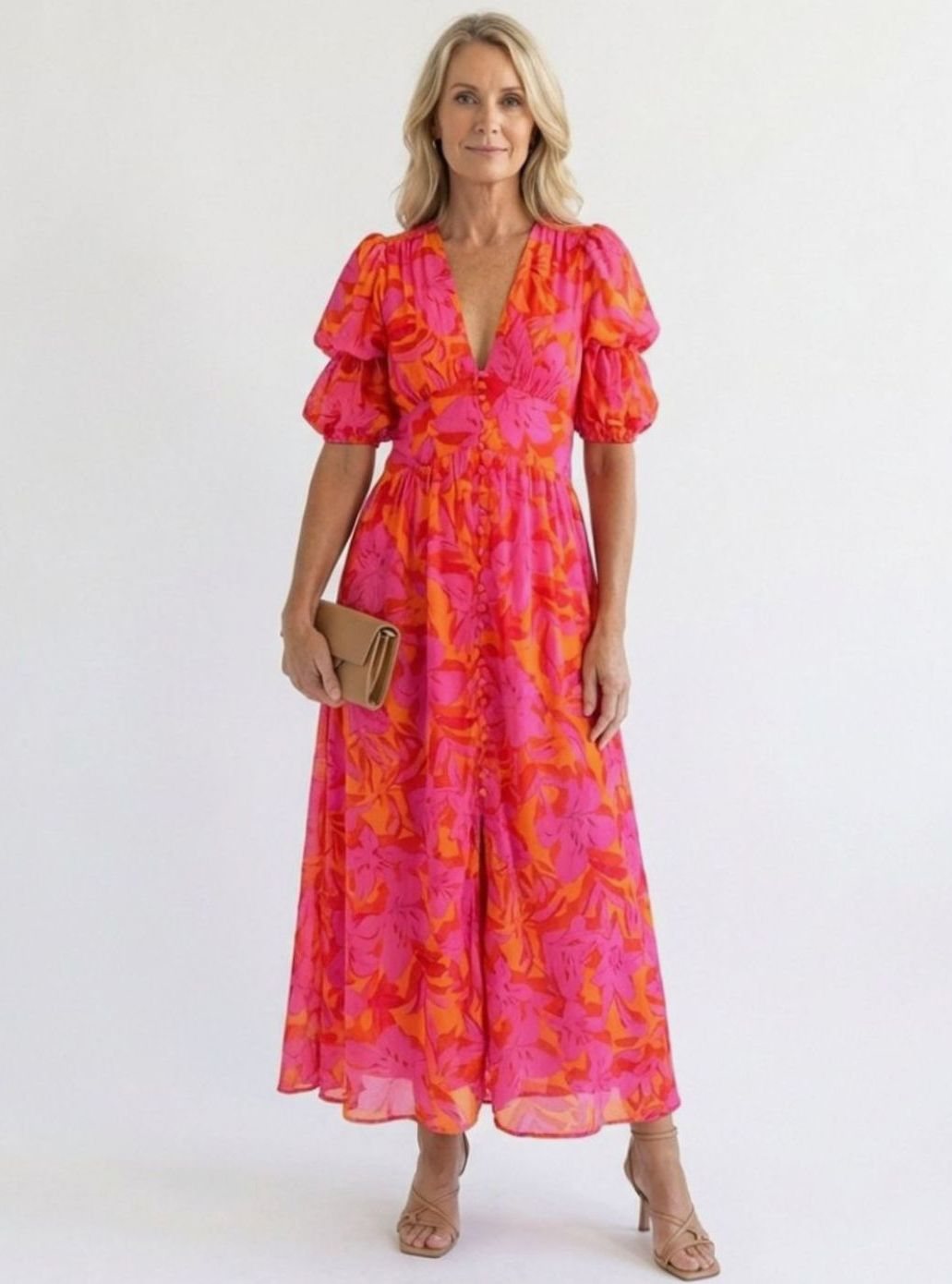 Women's Floral Puff Sleeve V-Neck Midi Dress