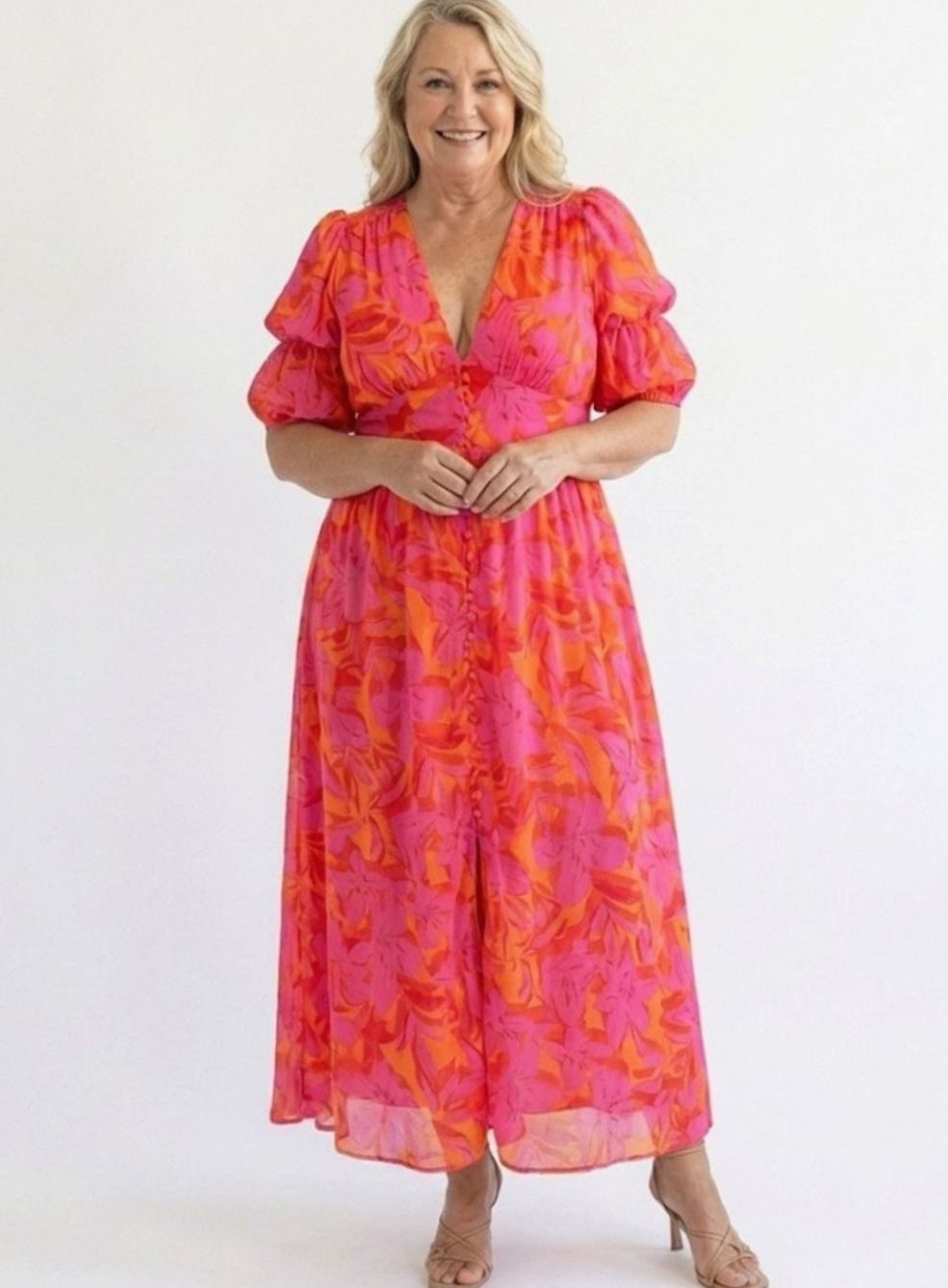 Women's Floral Puff Sleeve V-Neck Midi Dress