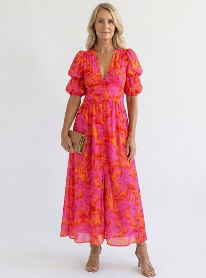 Women's Floral Puff Sleeve V-Neck Midi Dress, Pink