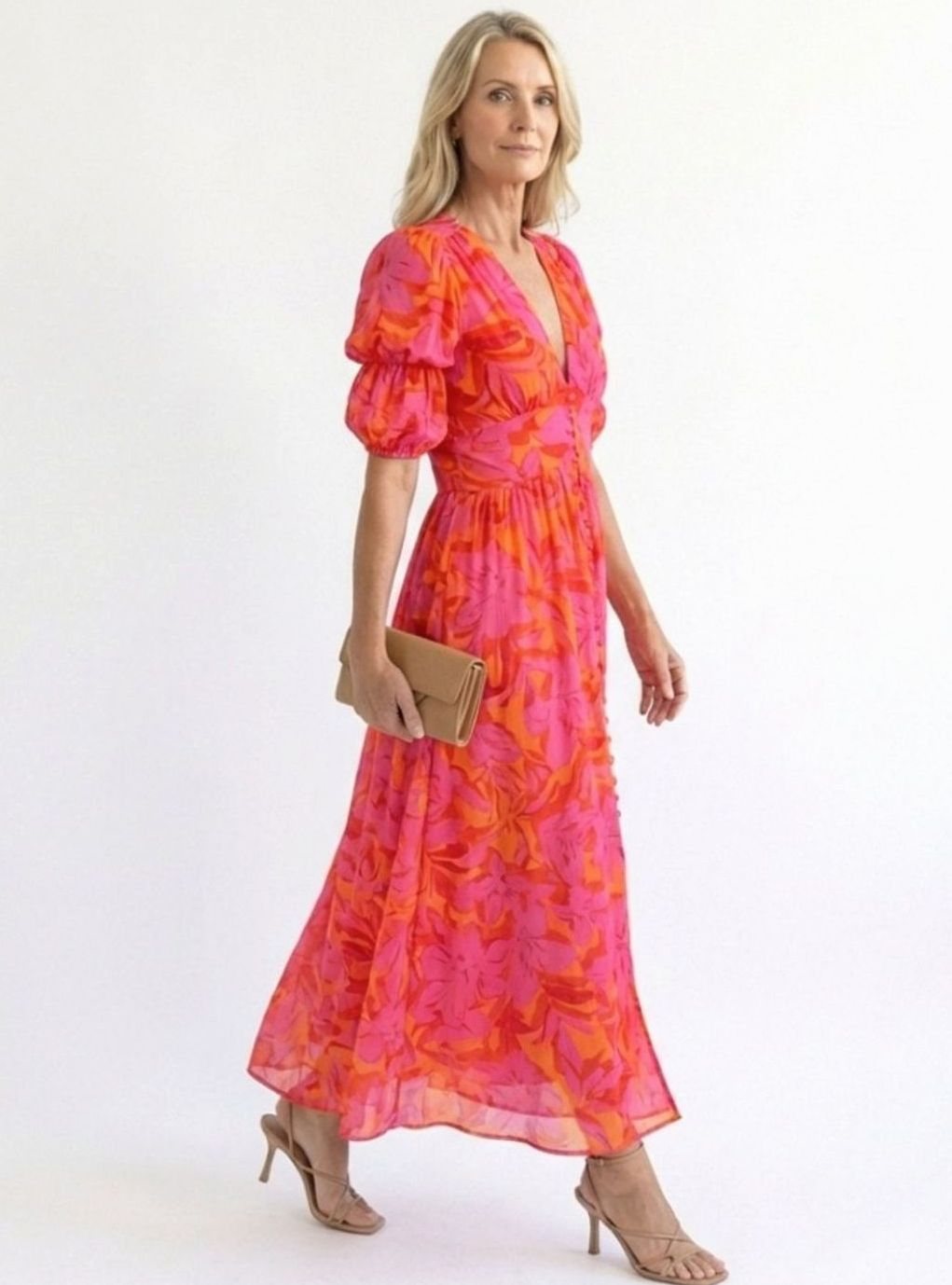 Women's Floral Puff Sleeve V-Neck Midi Dress, Pink