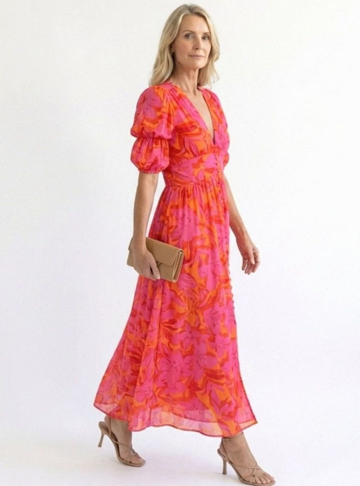 Women's Floral Puff Sleeve V-Neck Midi Dress, Pink