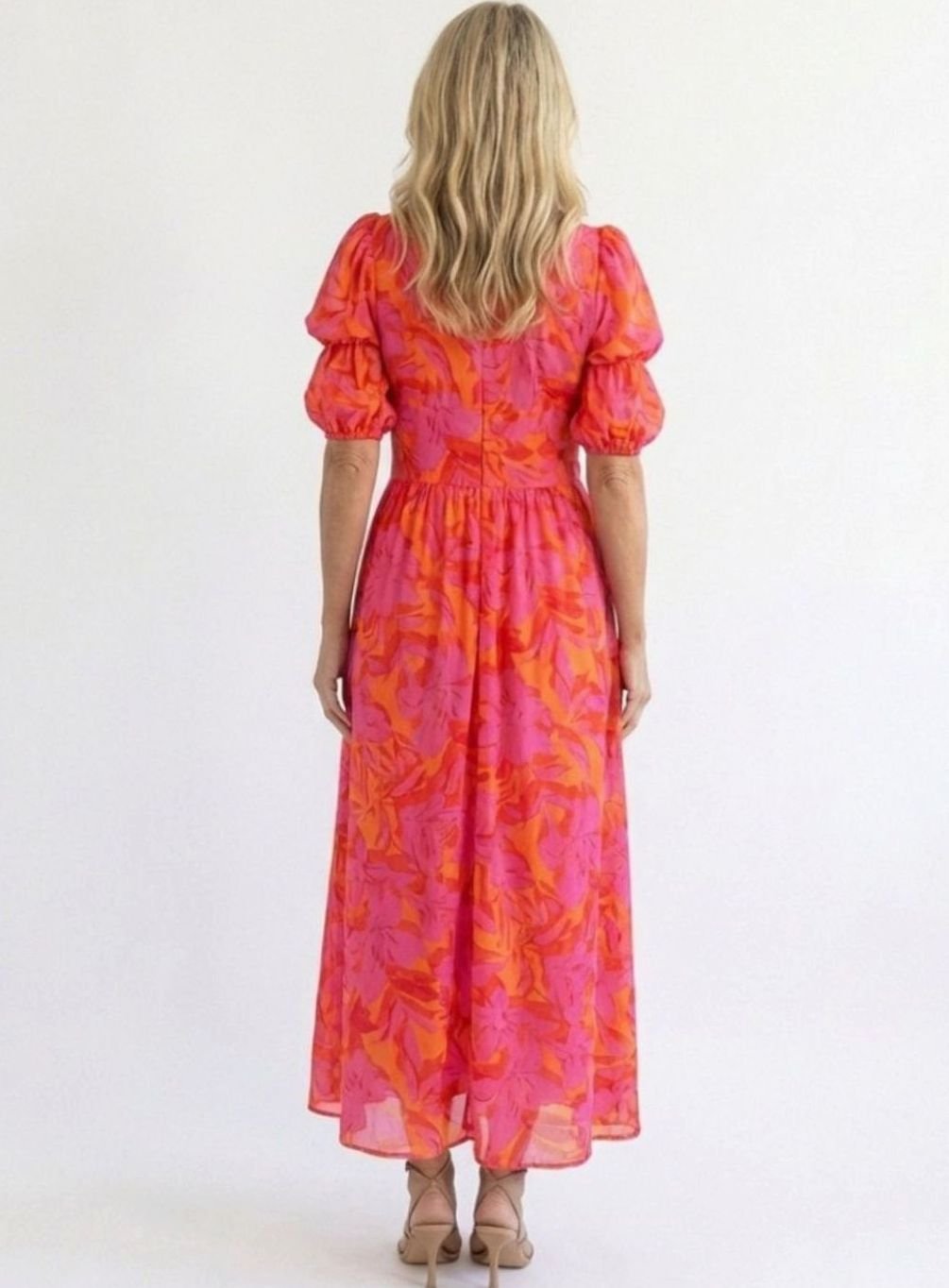 Women's Floral Puff Sleeve V-Neck Midi Dress, Pink