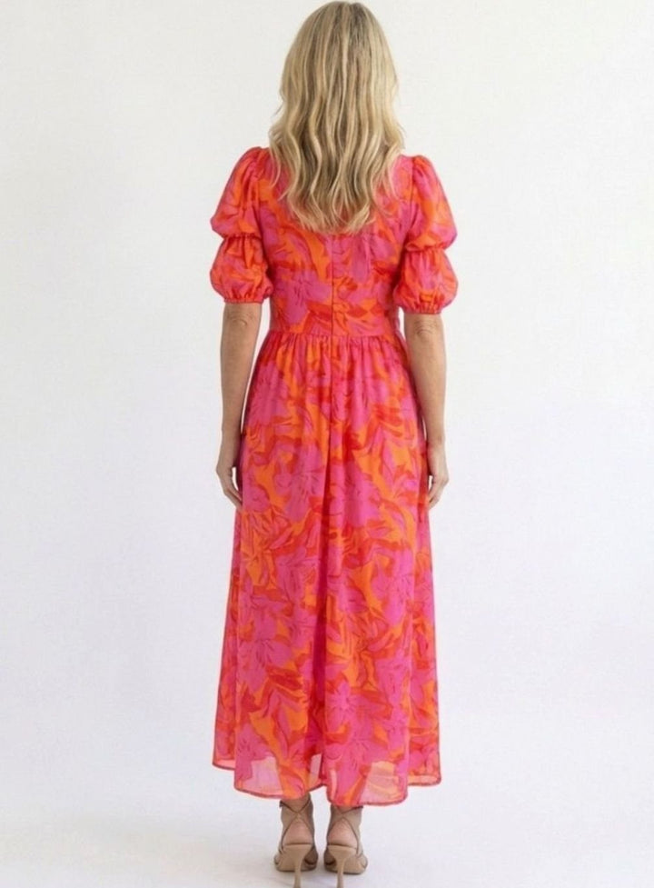 Women's Floral Puff Sleeve V-Neck Midi Dress, Pink