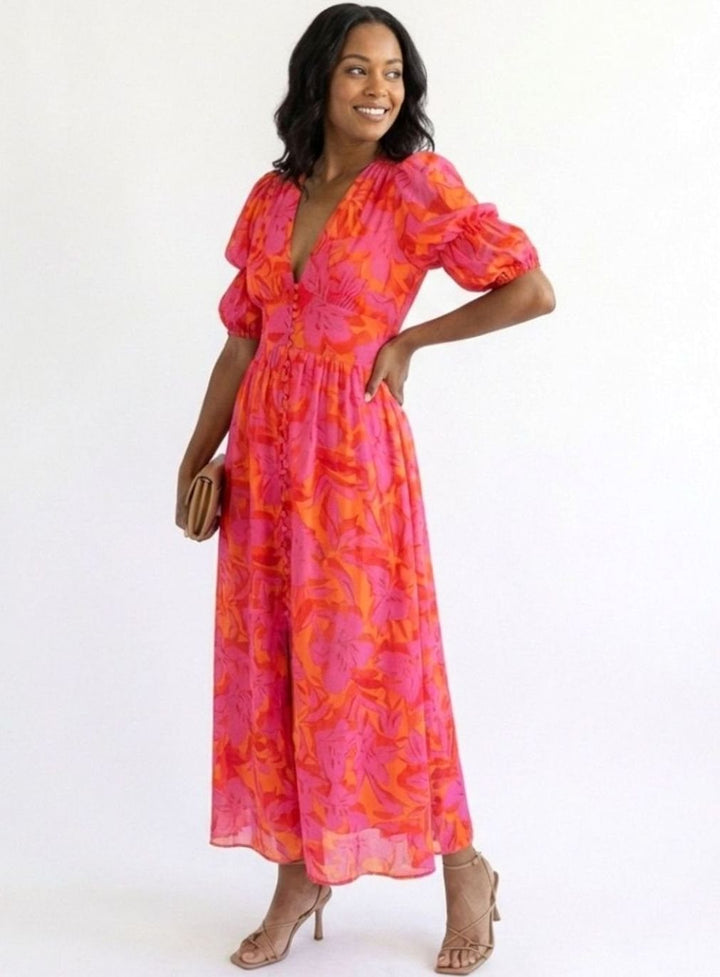 Women's Floral Puff Sleeve V-Neck Midi Dress, Pink