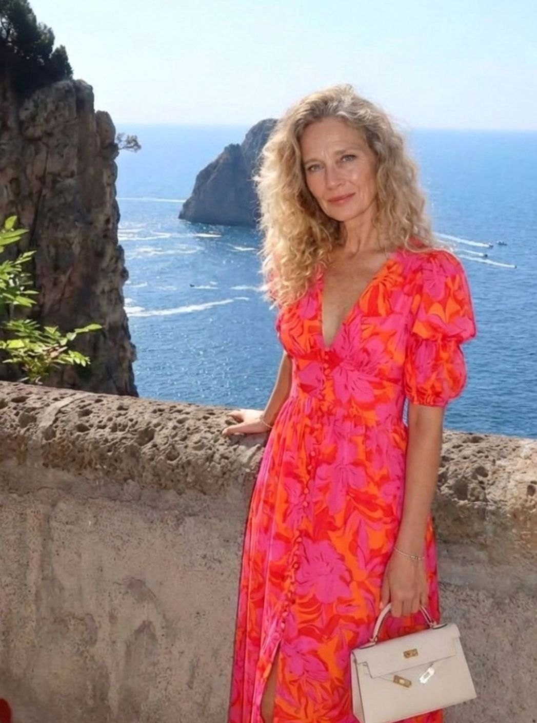 Women's Floral Puff Sleeve V-Neck Midi Dress, Pink