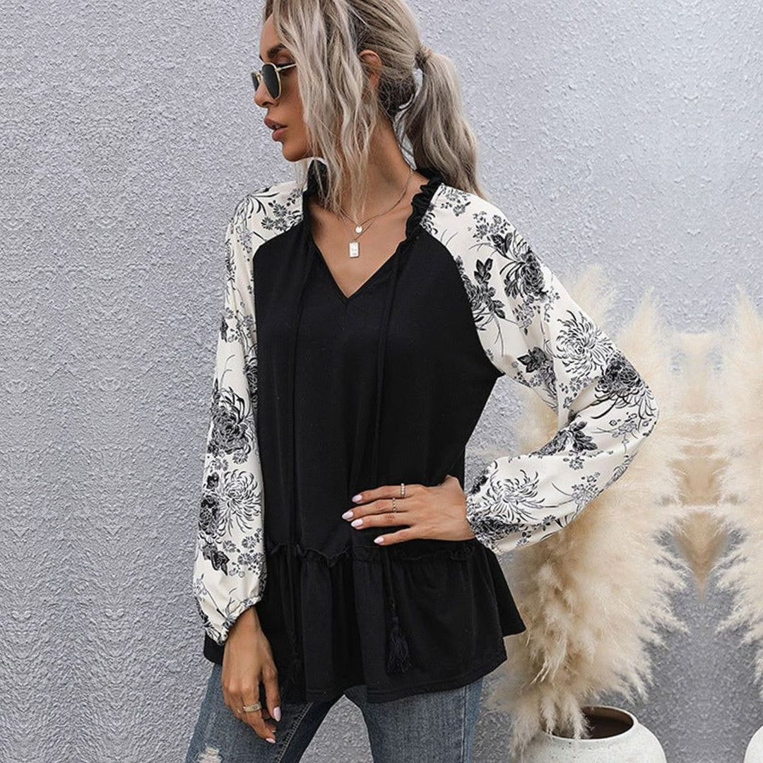 Women's Floral Raglan Peplum V-Neck Long-Sleeve Top