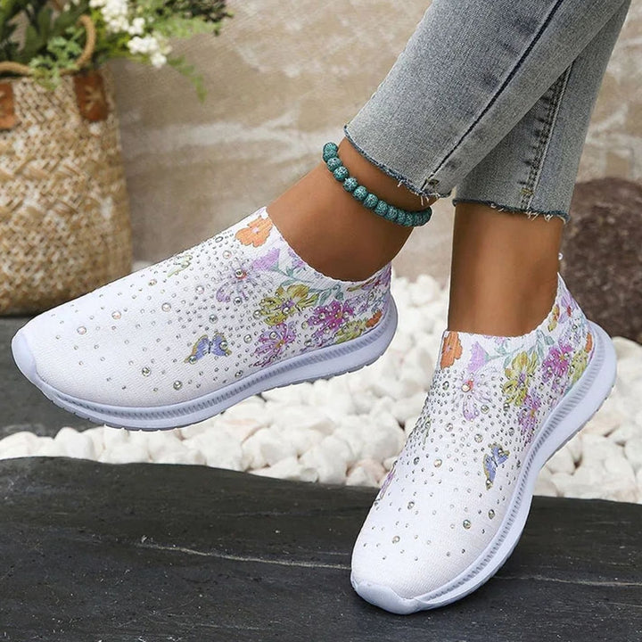 Women's Floral Rhinestone Slip-On Knit Platform Trainers