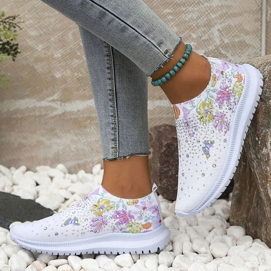 Women's Floral Rhinestone Slip-On Knit Platform Trainers