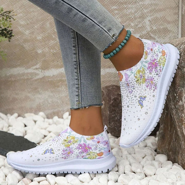 Women's Floral Rhinestone Slip-On Knit Platform Trainers