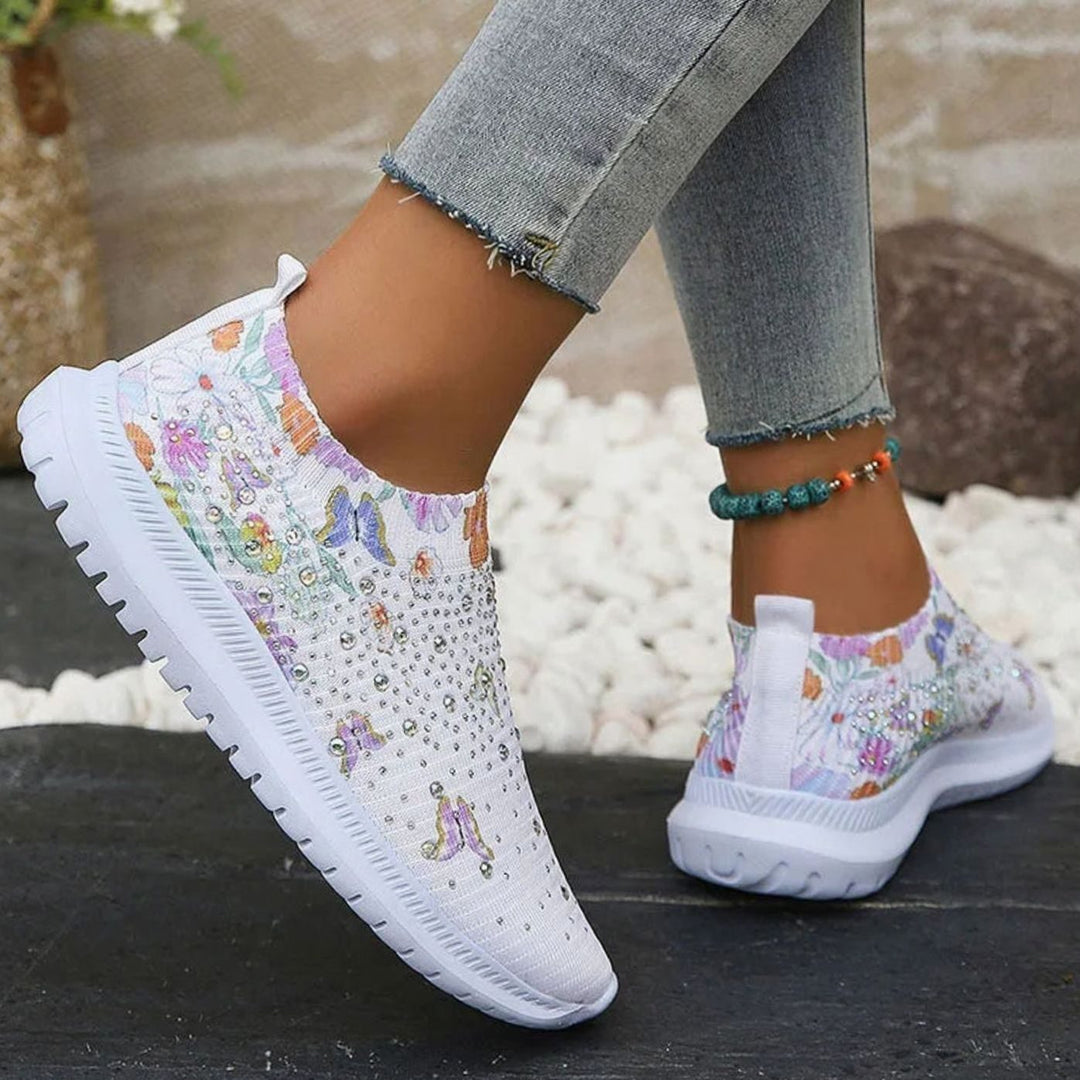 Women's Floral Rhinestone Slip-On Knit Platform Trainers