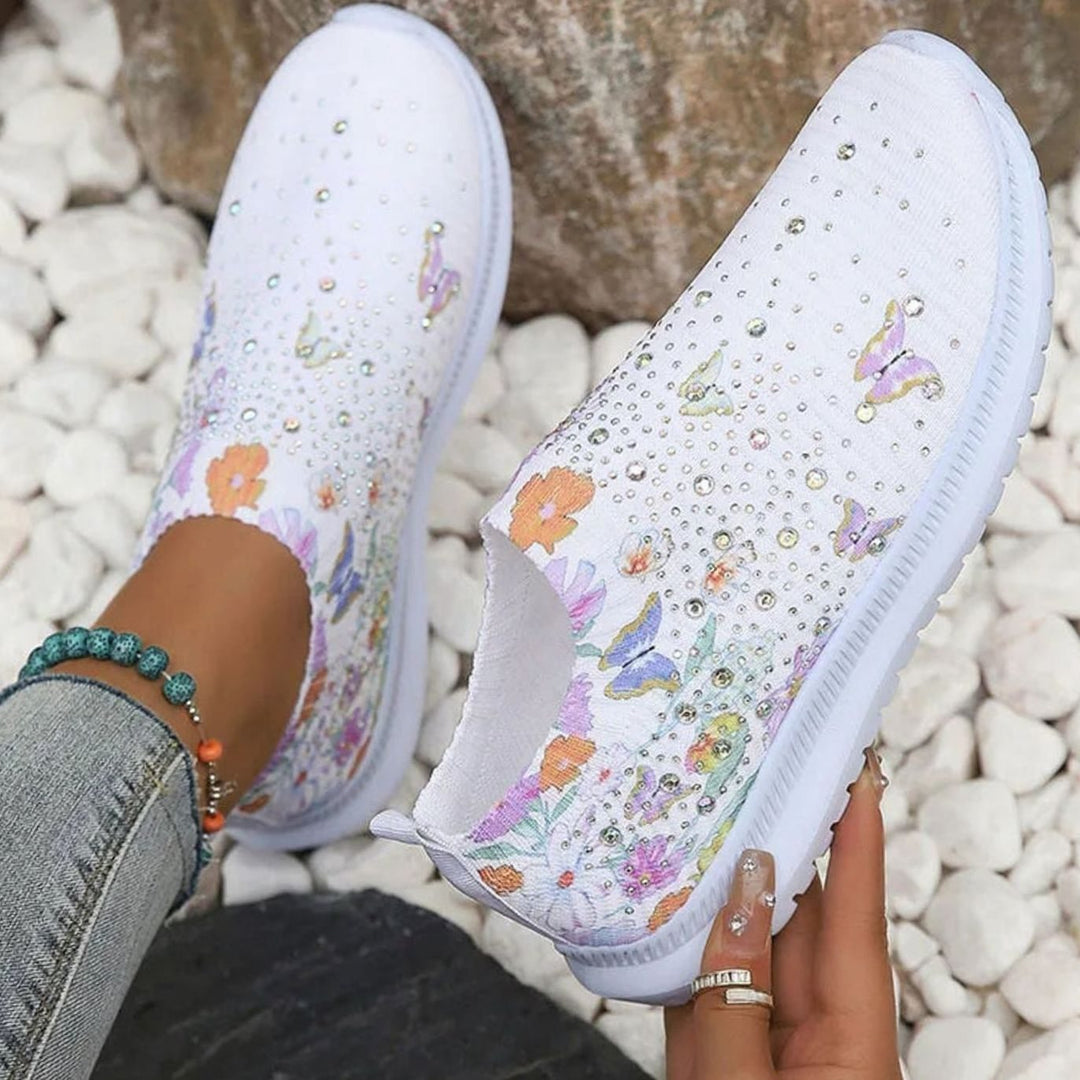 Women's Floral Rhinestone Slip-On Knit Platform Trainers - White