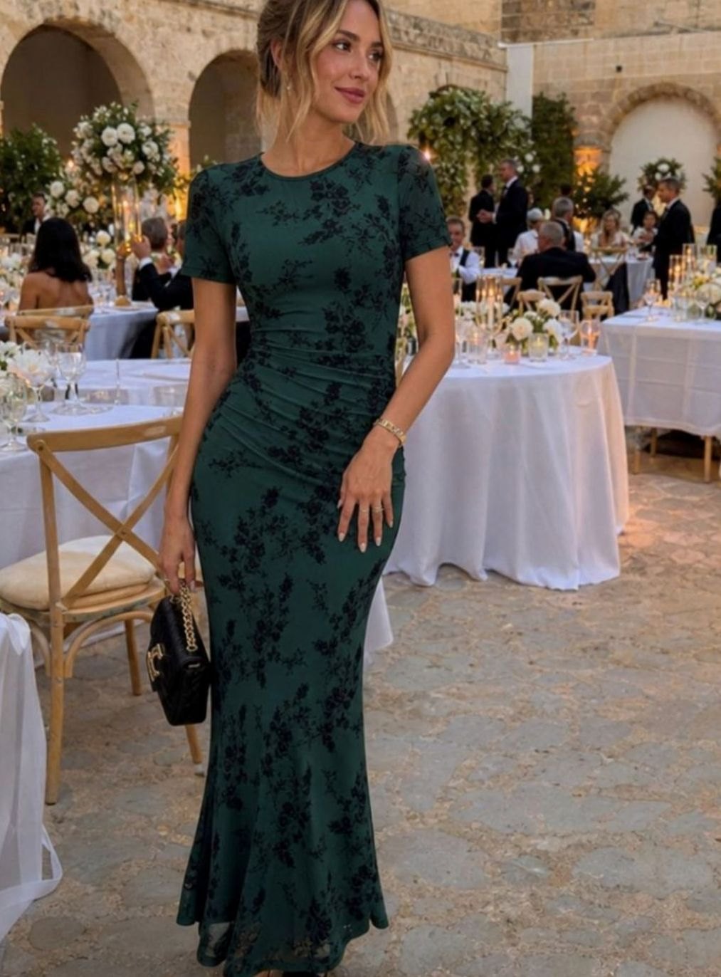 Women's Floral Ruched Crew-Neck Short-Sleeve Midi Dress