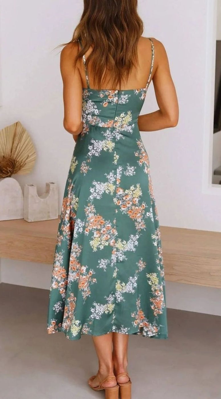 Women's Floral Satin Bow-Front V-Neck Midi Dress