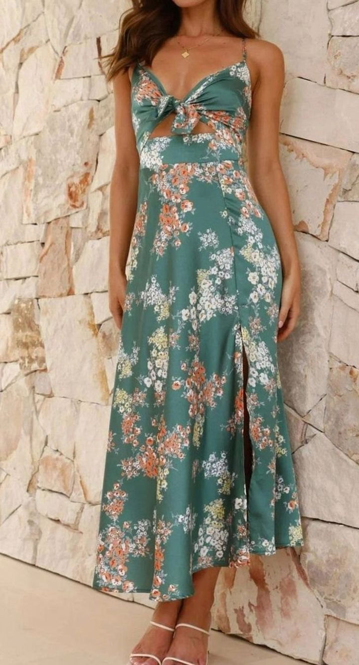Women's Floral Satin Bow-Front V-Neck Midi Dress