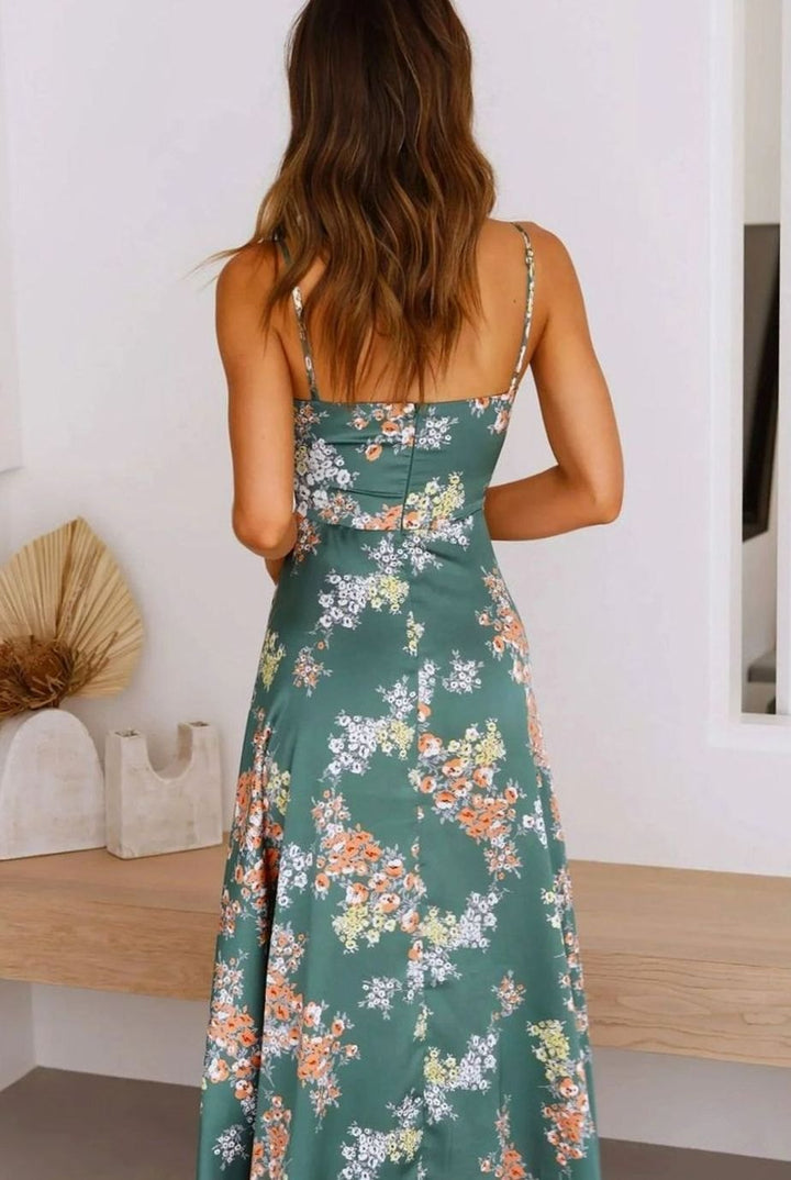 Women's Floral Satin Front Tie Cut-Out Midi Dress