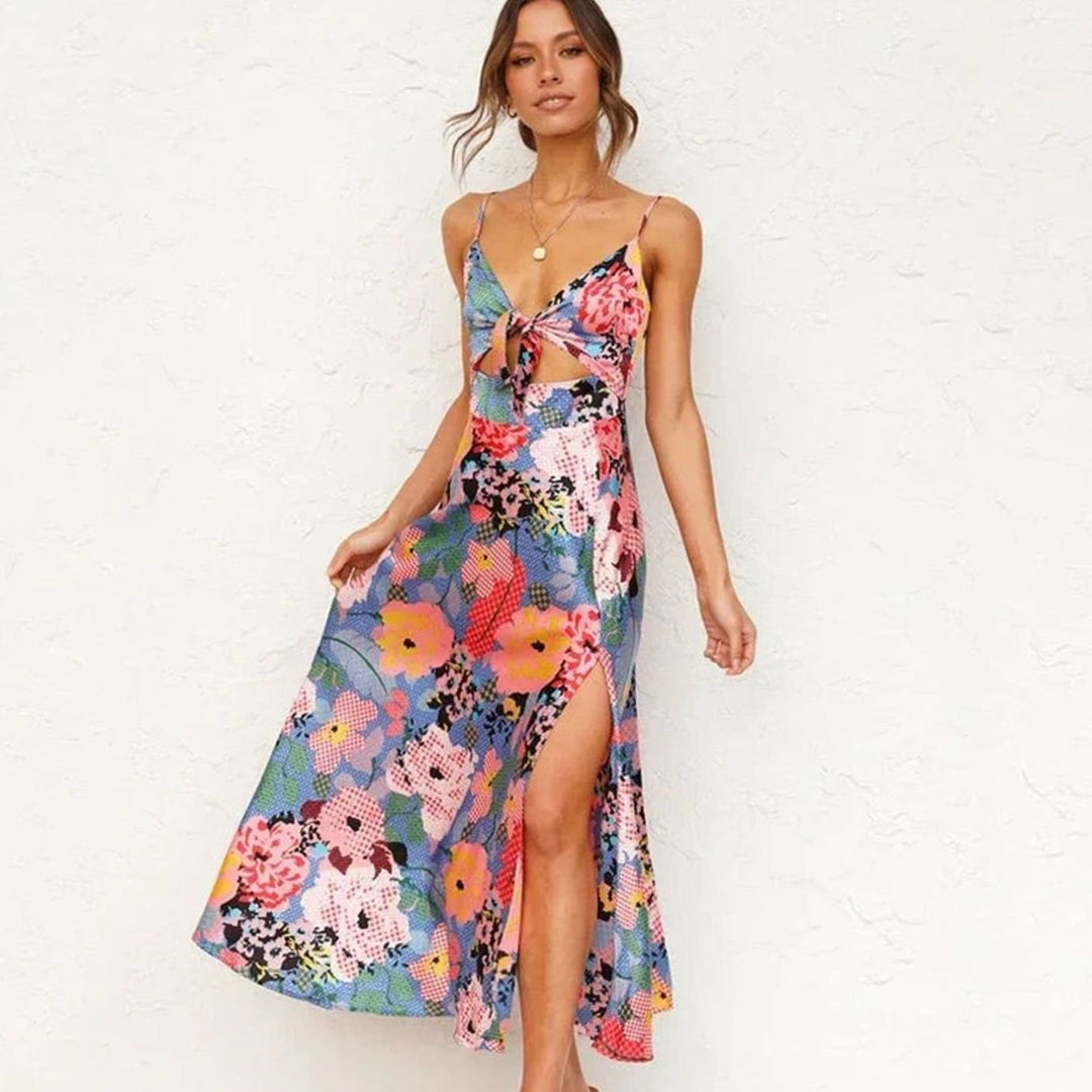 Women's Floral Satin Midi Dress Front Tie Cut-Out