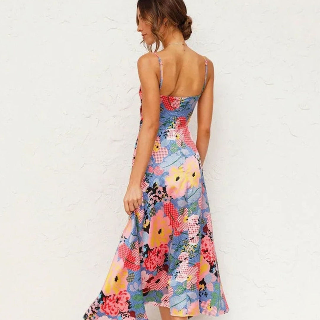 Women's Floral Satin Midi Dress Front Tie Cut-Out