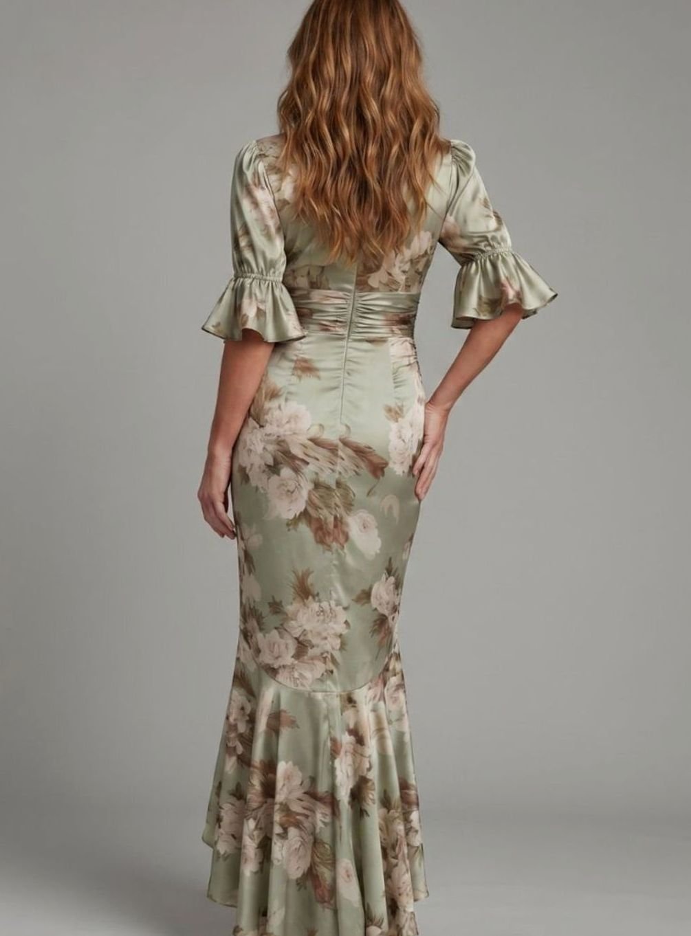 Women's Floral Satin Ruched V-Neck Flutter Sleeve High-Low Maxi Dress