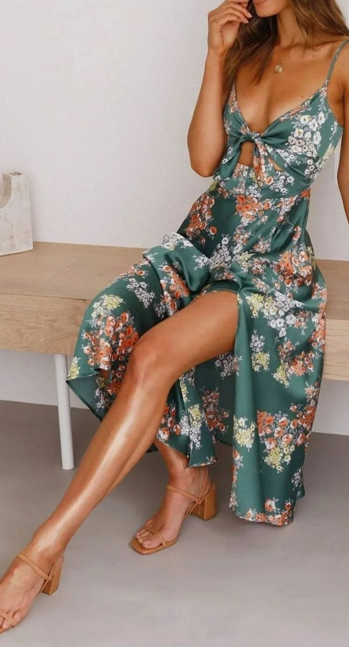 Women's Floral Satin Tie-Front V-Neck Midi Dress