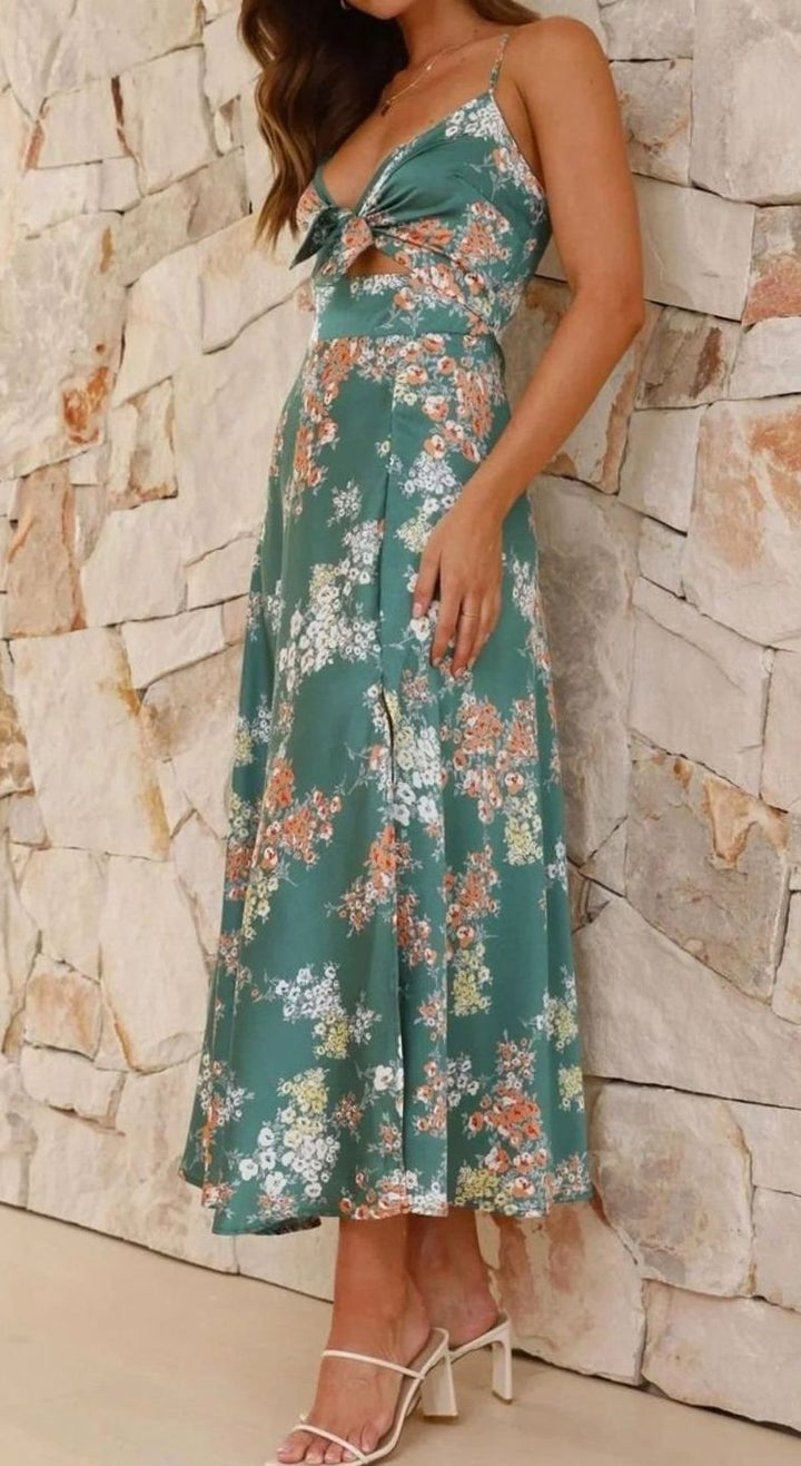Women's Floral Satin Tie-Front V-Neck Midi Dress
