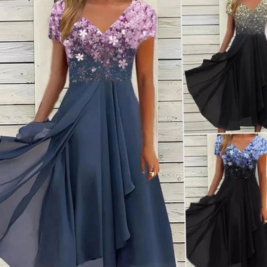 Women's Floral Sequin V-Neck Chiffon A-Line Midi Dress