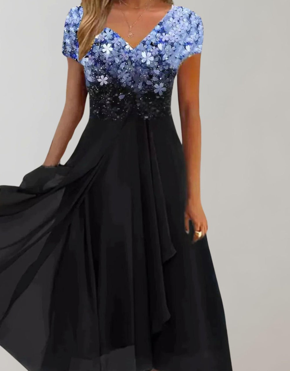 Women's Floral Sequin V-Neck Chiffon A-Line Midi Dress - Blue Black