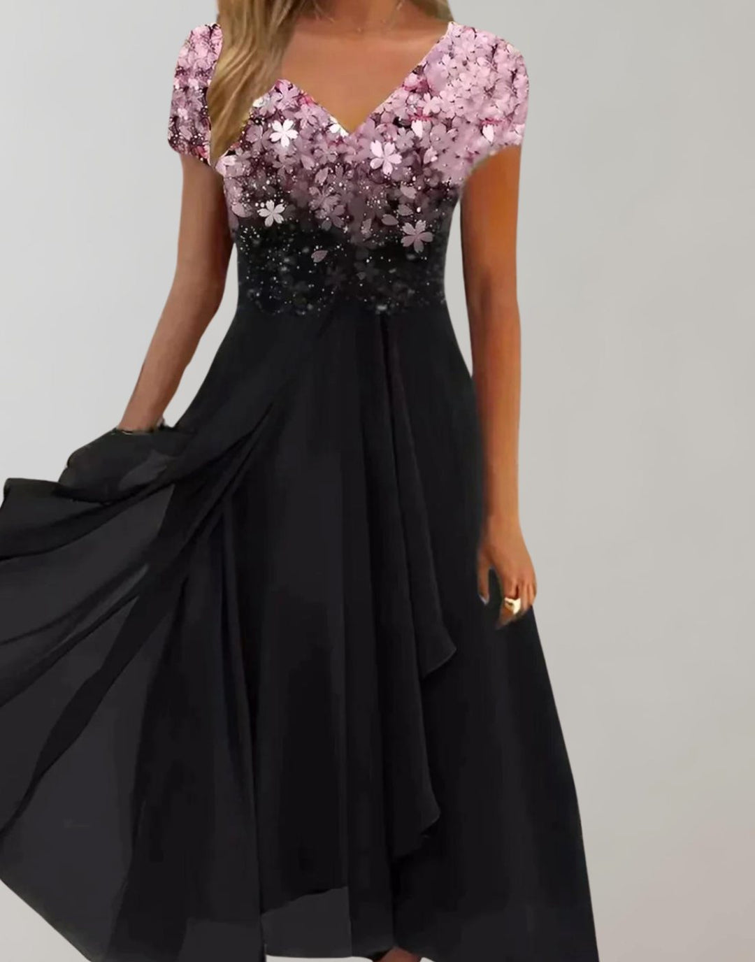 Women's Floral Sequin V-Neck Chiffon A-Line Midi Dress - Pink Black