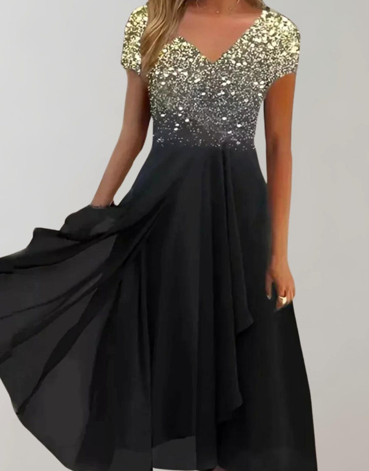 Women's Floral Sequin V-Neck Chiffon A-Line Midi Dress - Gold Black