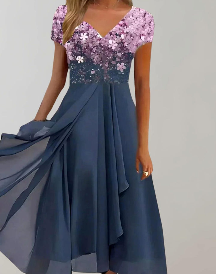Women's Floral Sequin V-Neck Chiffon A-Line Midi Dress - Pink Blue