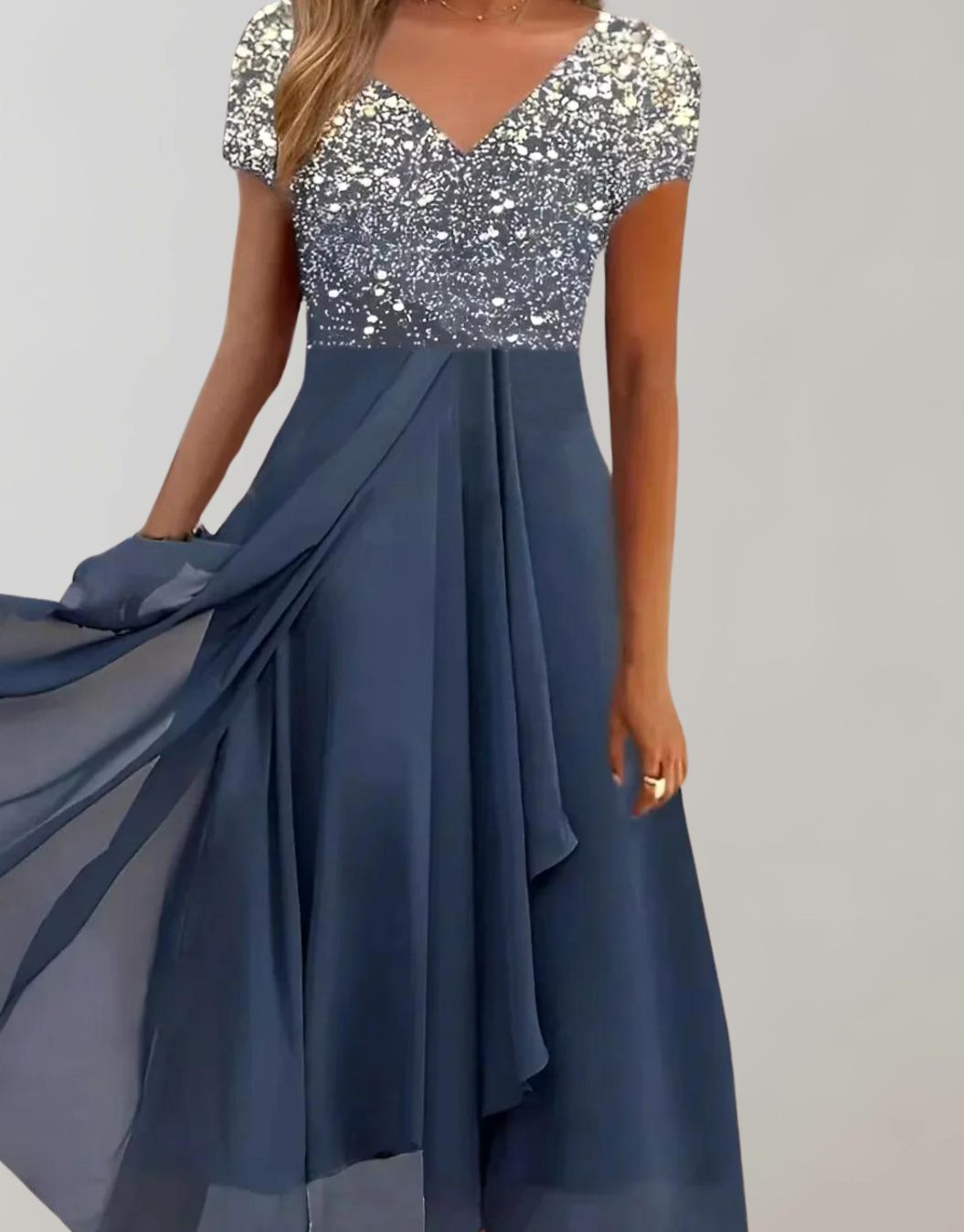 Women's Floral Sequin V-Neck Chiffon A-Line Midi Dress - Silver Blue