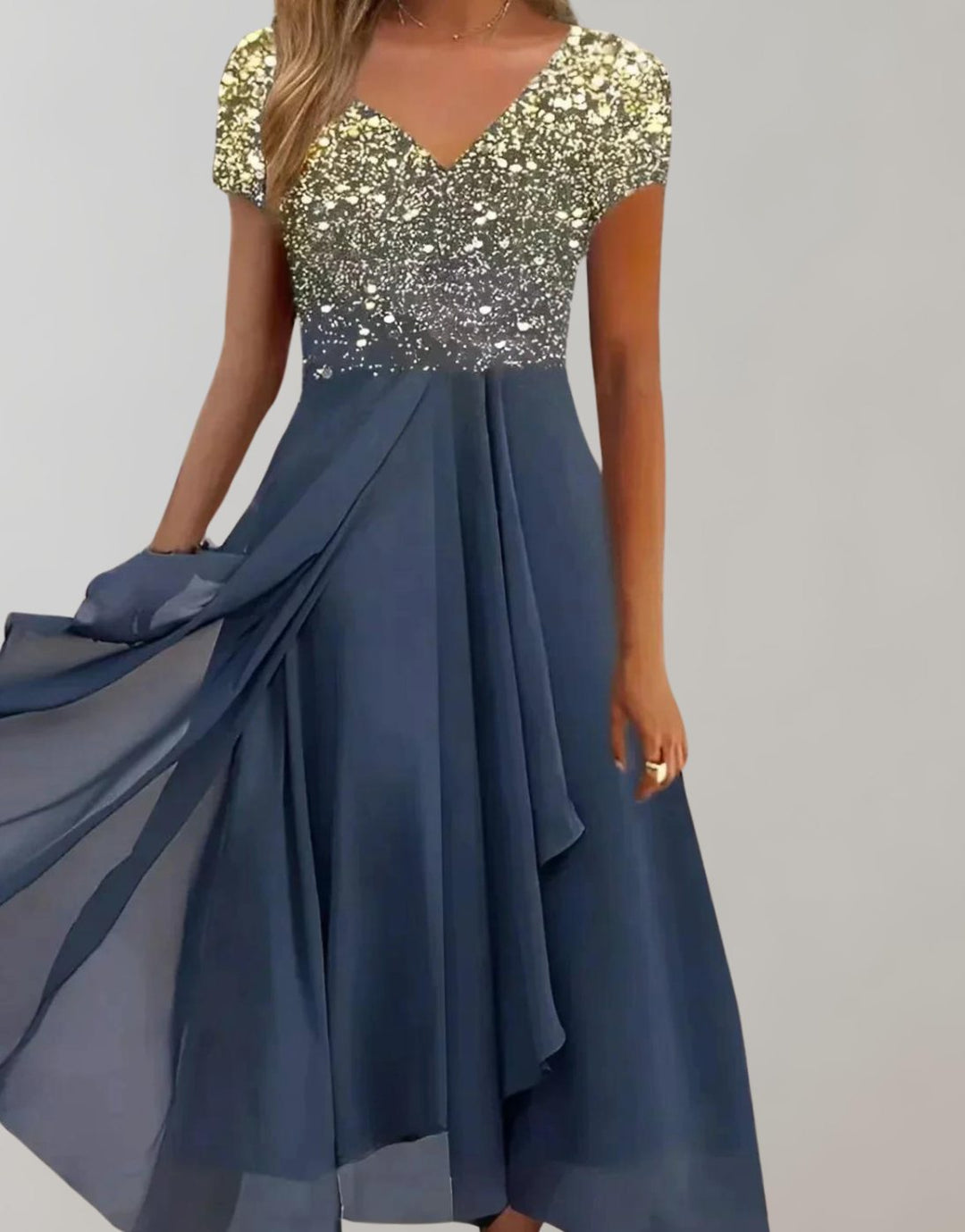 Women's Floral Sequin V-Neck Chiffon A-Line Midi Dress - Gold Blue