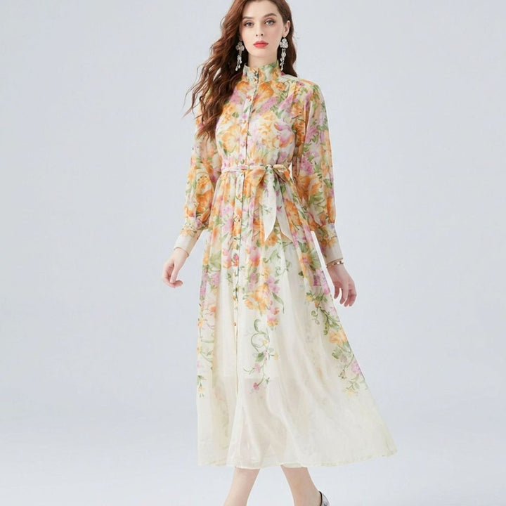 Women's Floral Sheer Button-Front Tie-Waist Maxi Dress