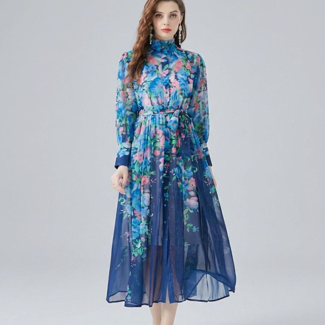 Women's Floral Sheer Button-Front Tie-Waist Maxi Dress