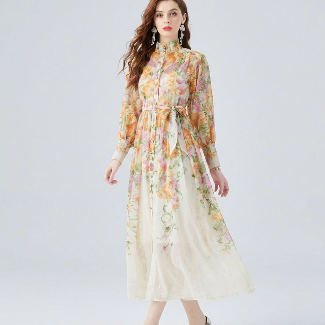 Women's Floral Sheer Button-Front Tie-Waist Maxi Dress, Cream