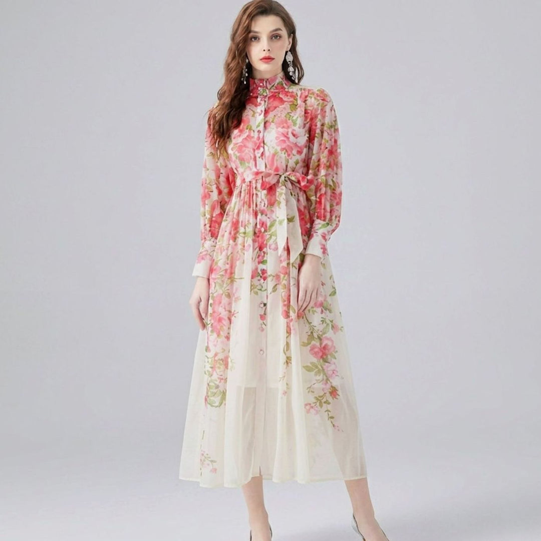 Women's Floral Sheer Button-Front Tie-Waist Maxi Dress, Cream