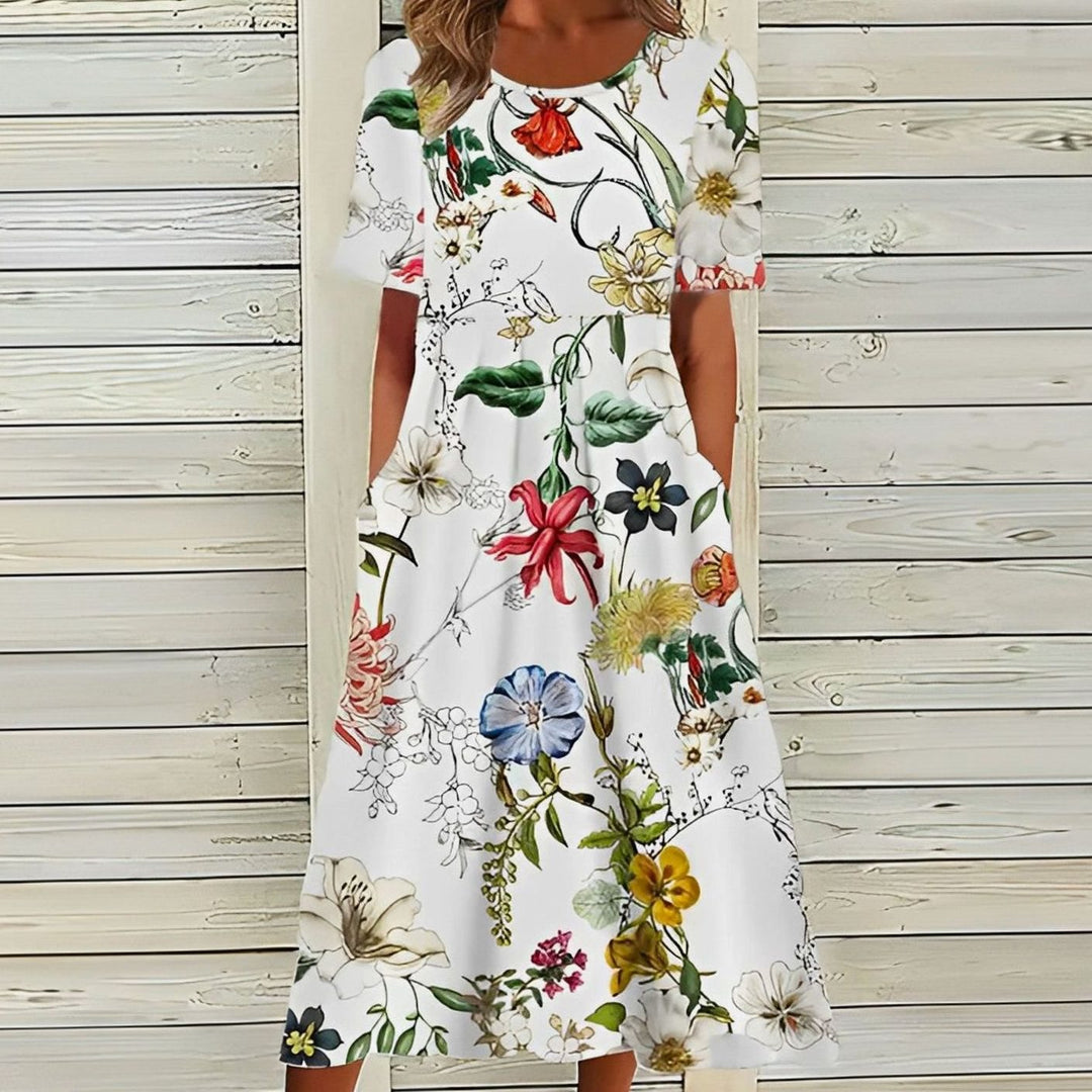 Women's Floral Short-Sleeve Midi Dress Pockets