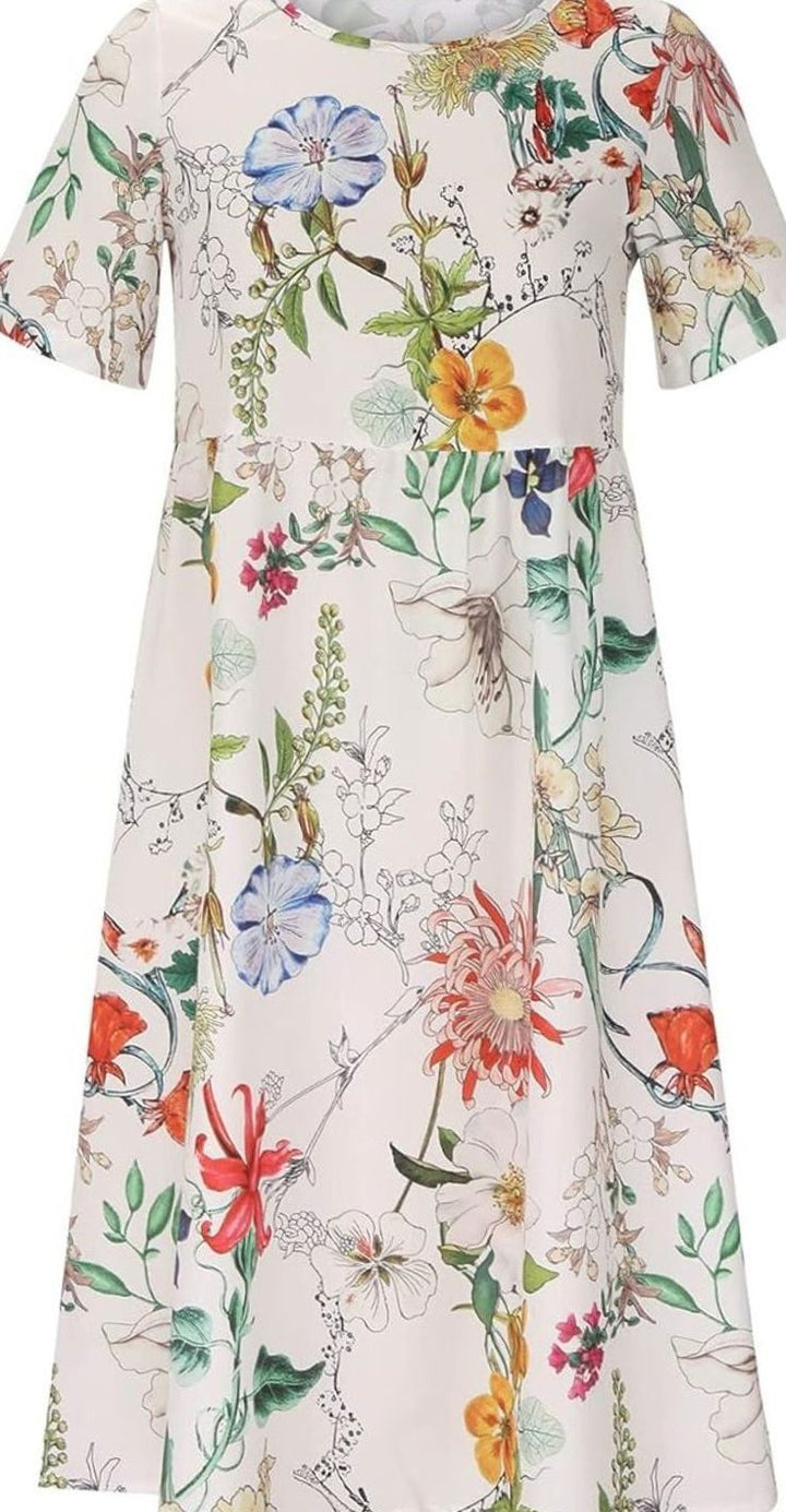 Women's Floral Short-Sleeve Midi Dress Pockets