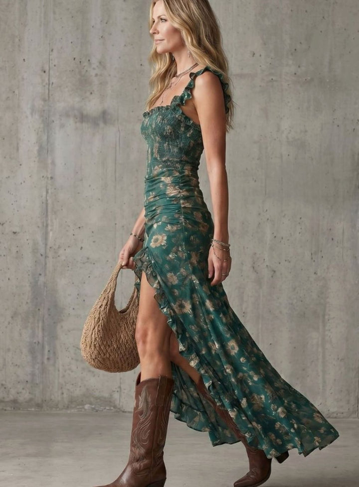 Women's Floral Smocked Bodice Ruffle Strap High Slit Midi Dress