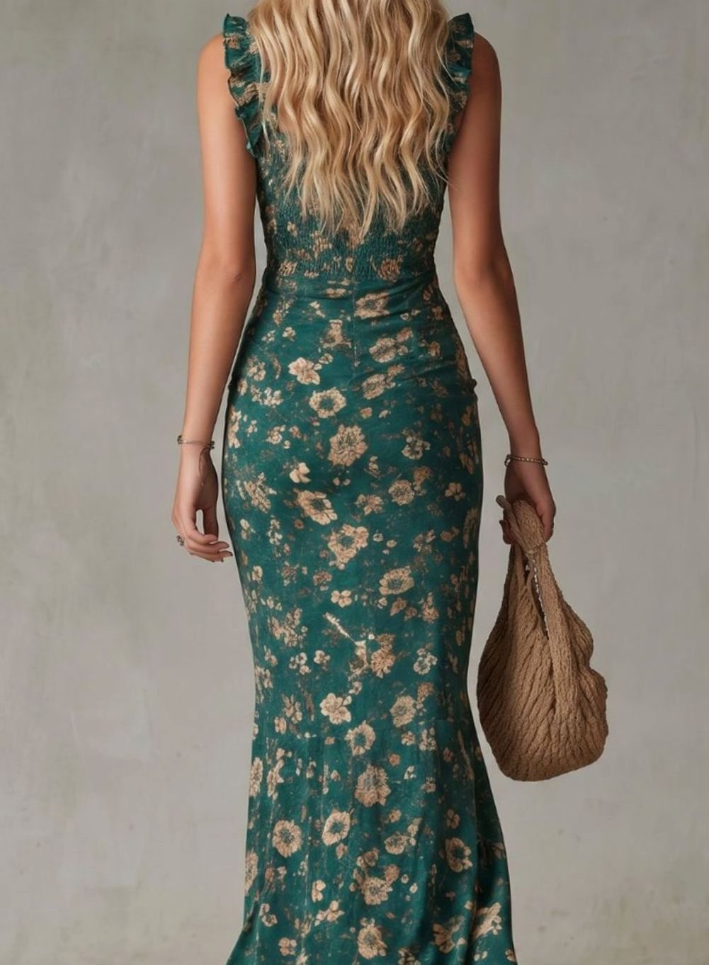 Women's Floral Smocked Bodice Ruffle Strap High Slit Midi Dress