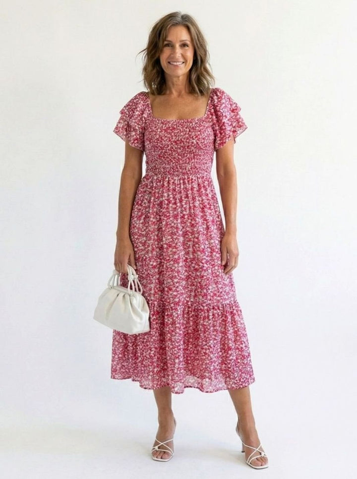 Women's Floral Smocked Square-Neck Flutter-Sleeve Tiered Midi Dress