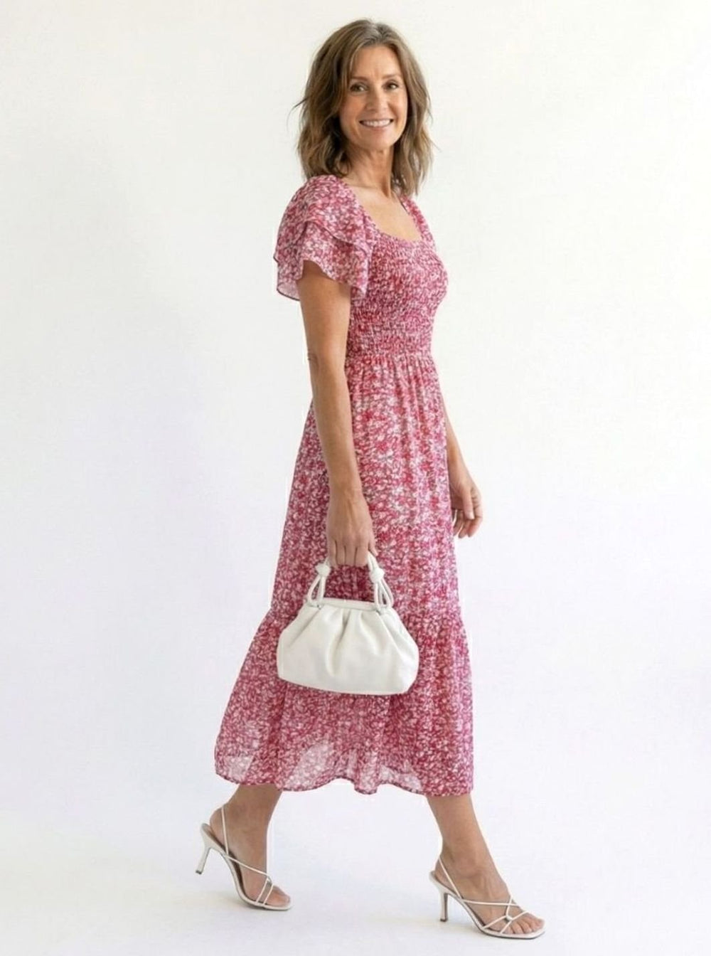 Women's Floral Smocked Square-Neck Flutter-Sleeve Tiered Midi Dress