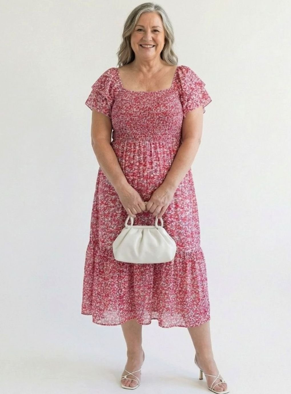 Women's Floral Smocked Square-Neck Flutter-Sleeve Tiered Midi Dress