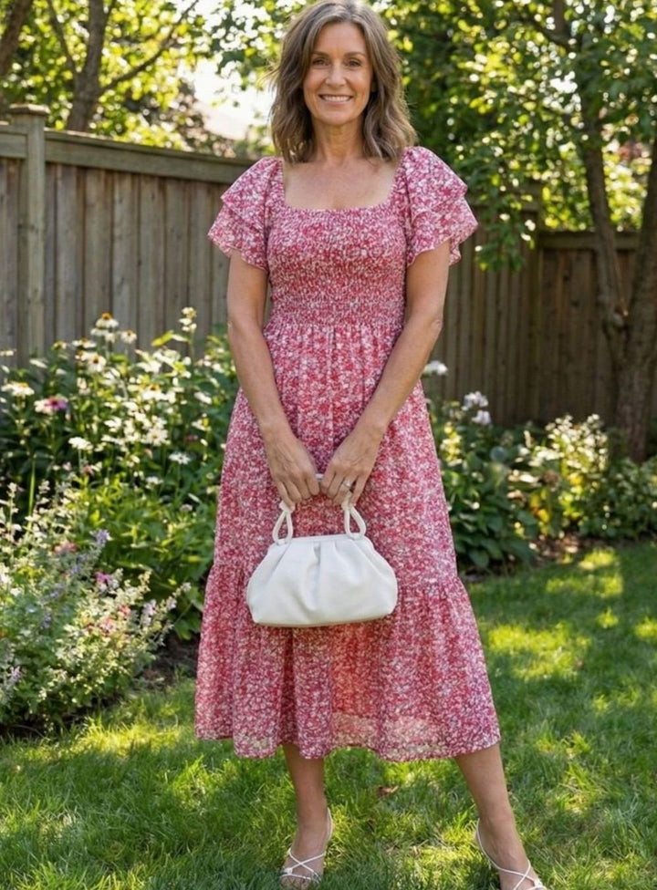 Women's Floral Smocked Square-Neck Flutter-Sleeve Tiered Midi Dress