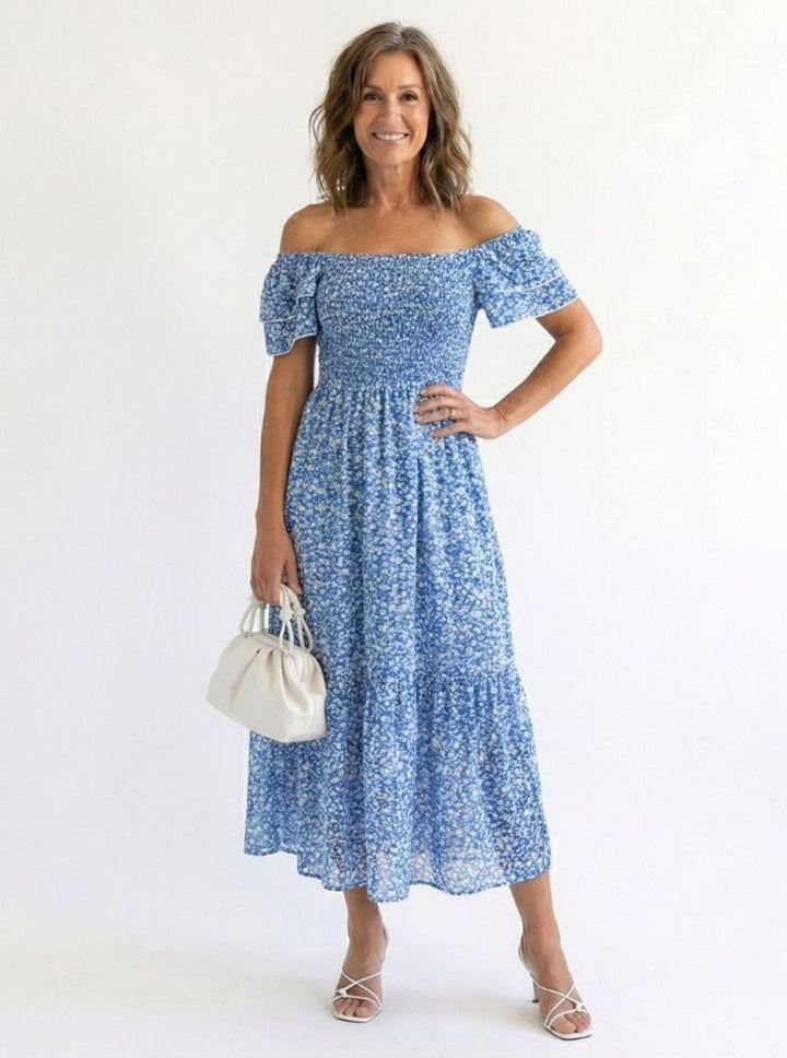 Women's Floral Smocked Square-Neck Flutter-Sleeve Tiered Midi Dress