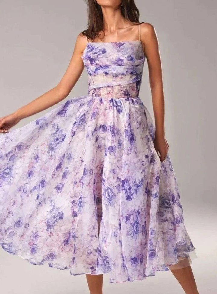Women's Floral Spaghetti Strap A-Line Midi Day Dress