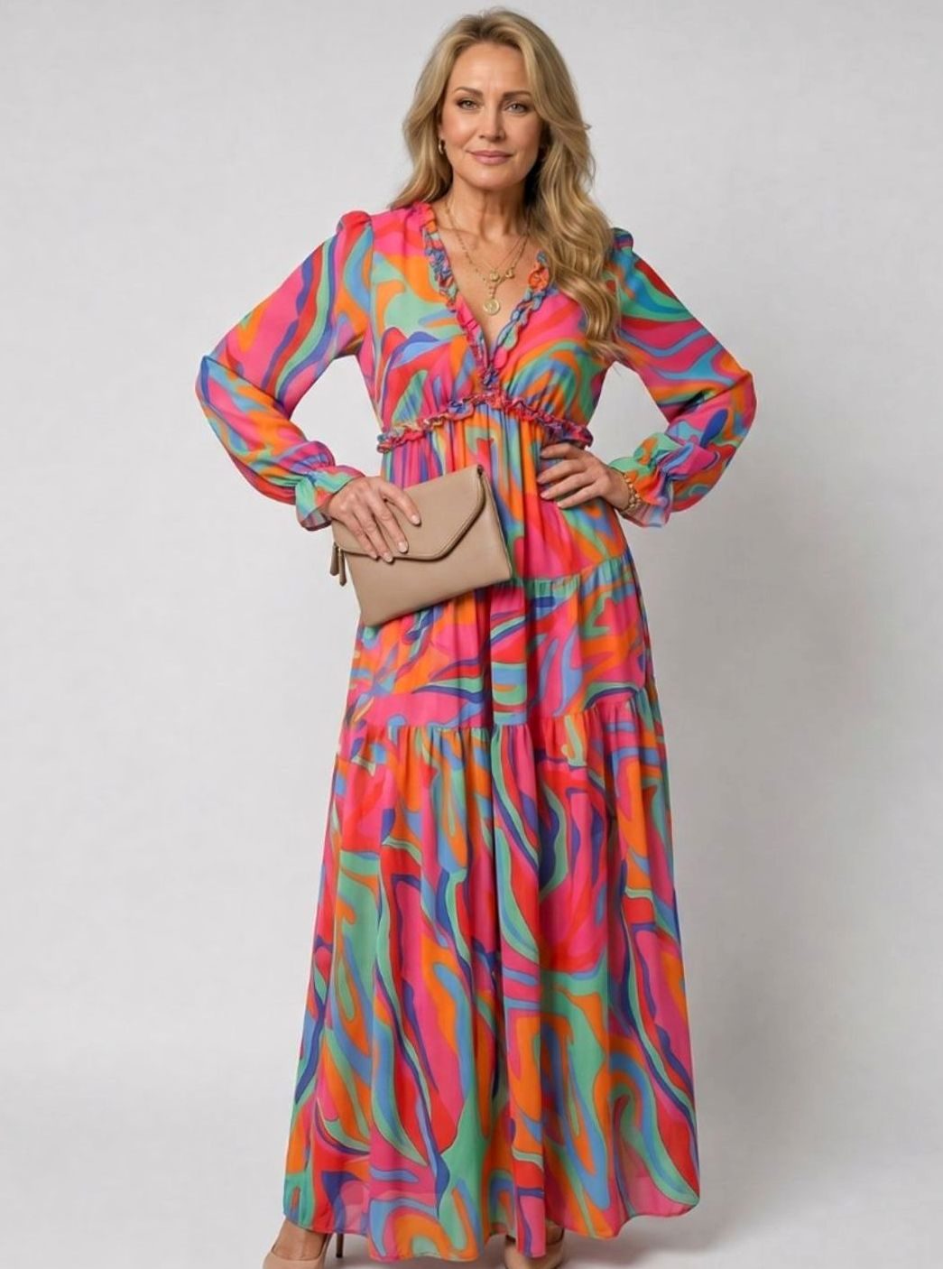 Women's Floral Tiered Long-Sleeve V-Neck Maxi Dress