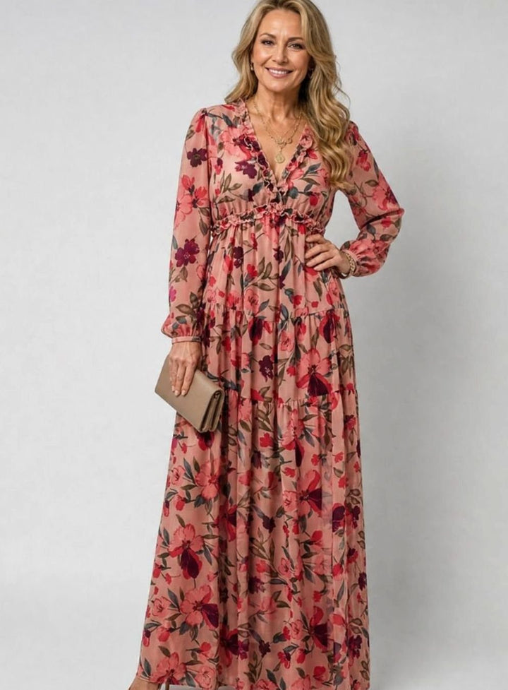 Women's Floral Tiered Long-Sleeve V-Neck Maxi Dress, Pink